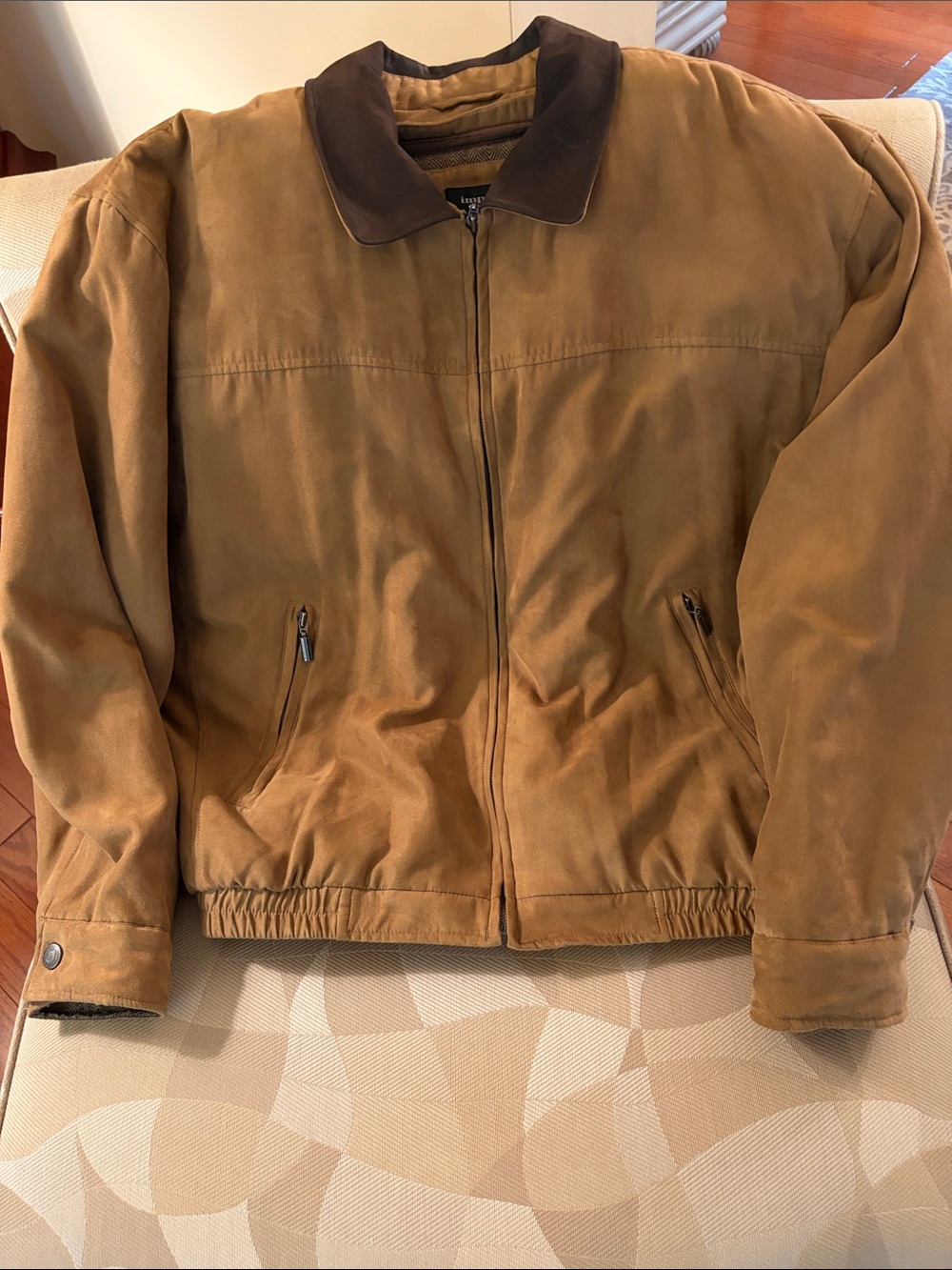 Tan Suede Bomber Jacket with Dark Brown Collar